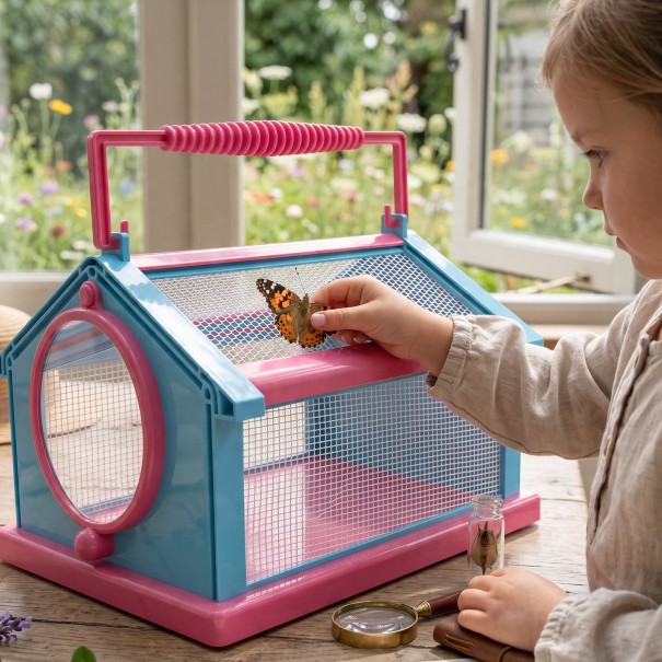 Gabbia portatile per farfalle e insetti con manico 20 x 15 x 13,5 cm Casa pieghevole in plastica con rete Osservazione delle larve blu