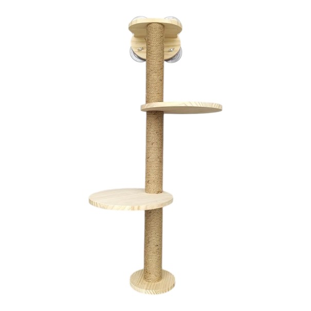Sisal-Säule für Katzen mit Saugnäpfen 1 m mit 2 runden Plattformen 30 cm und Basis Massivholz und Sisal Kletter-Säule für das Fenster 1
