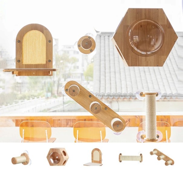 Fensterteile-Set für Katzen mit Saugnäpfen Kapseln Hängematten Leitern und Sisal-Säulen Massivholz Kletterspielplatz am Fenster 2