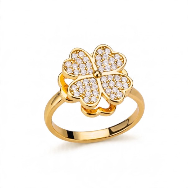 Anillo antiestrés giratorio de trébol de corazones con circonitas Tamaño ajustable Acero inoxidable Joyería femenina de la suerte dorado