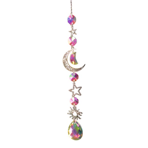 Atrapa de sol colgante de 43 cm con cristales de arcoíris Gran luna estrellas y sol Decoración de cristal para ventana Adorno rosa para habitación 1