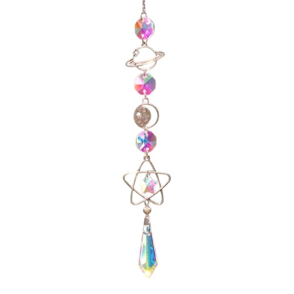 Atrapa de sol colgante de 40 cm con cristales de arcoíris Planeta, luna y estrella con prisma Decoración de cristal para ventana Adorno rosa 1