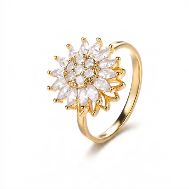 Anillo antiestrés giratorio girasol con circonitas Tamaño ajustable Acero inoxidable Joyería brillante para mujeres para el día a día dorado