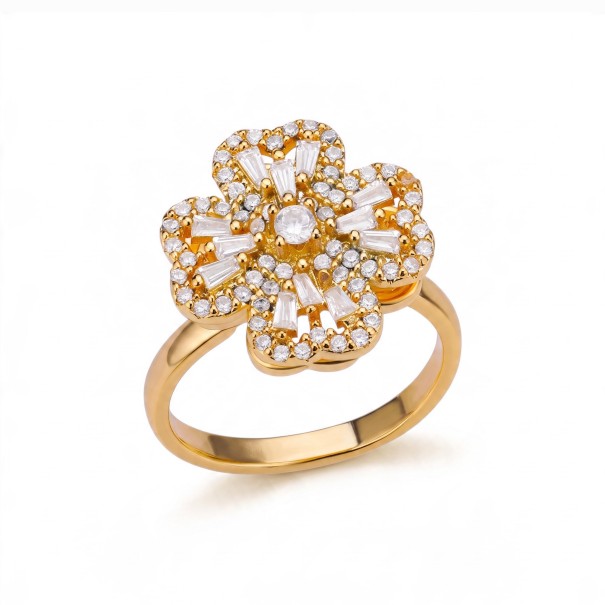 Anillo antiestrés giratorio flor con zircóns baguette Tamaño ajustable Acero inoxidable Joyería de lujo para damas en la noche dorado