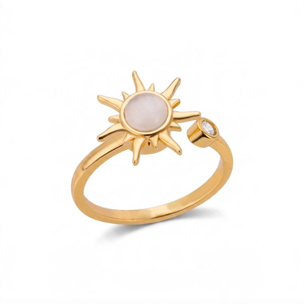 Anillo antiestrés giratorio sol con centro de nácar Tamaño ajustable Acero inoxidable Joyería minimalista para mujer dorado