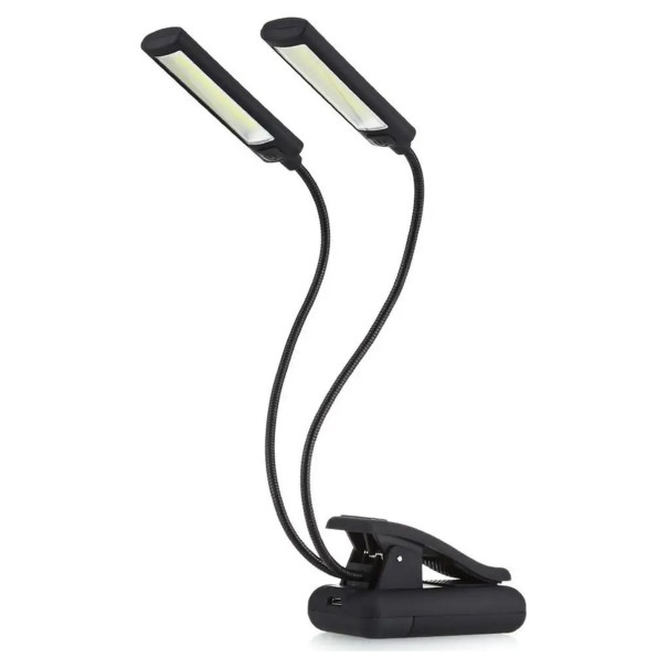 Lámpara LED con clip 6 W Dos brazos flexibles 350 x 45 x 43 mm Regulable Alimentación USB o 3 x AAA Negra Para partituras, libros y portátiles 1
