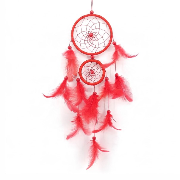Lapač snů se dvěma kruhy 11 cm a 7 cm s peřím délka 46 cm Závěsná dekorace na zeď Dreamcatcher do ložnice i pokoje červená