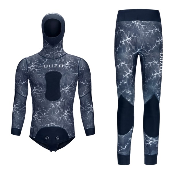 Men's Two-Piece 3 mm Neoprene Diving Suit with Hood and High-Waisted Trousers in Dark Blue with Pattern and Knee Protectors M