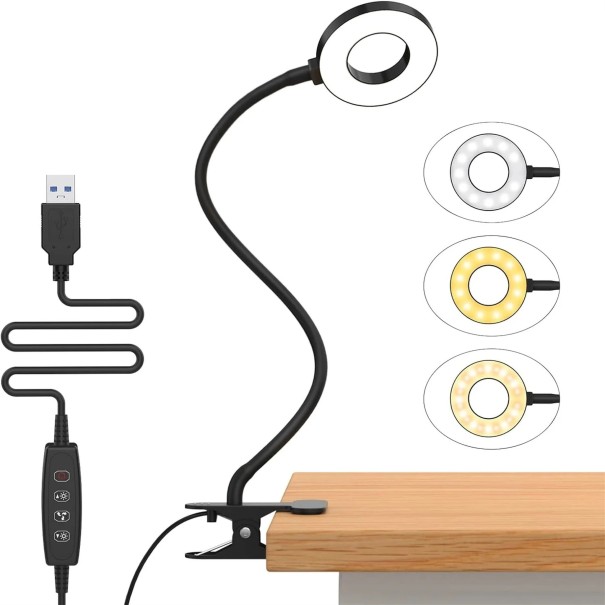 Lámpara LED circular con clip 23 LED 5 W Brazo flexible 40 cm 3 colores de luz 10 niveles de brillo Alimentación USB Para escritorio y lectura negro