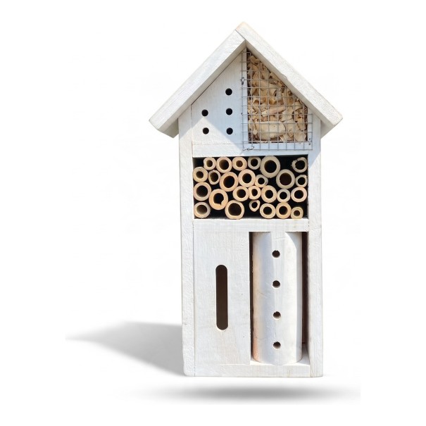 Hotel de Insectos 13,5 x 26 cm Casa de Madera Blanca para Abejas Solitarias y Mariquitas Tubos de Bambú y Relleno Natural Para el Jardín y el Balcón 1