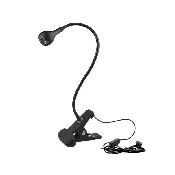 Lámpara LED con clip y cuello de ganso flexible 1 W Alimentación por USB 5 V Cable de 118 cm con interruptor Altura 27,6 cm Luz blanca cálida Negra 1