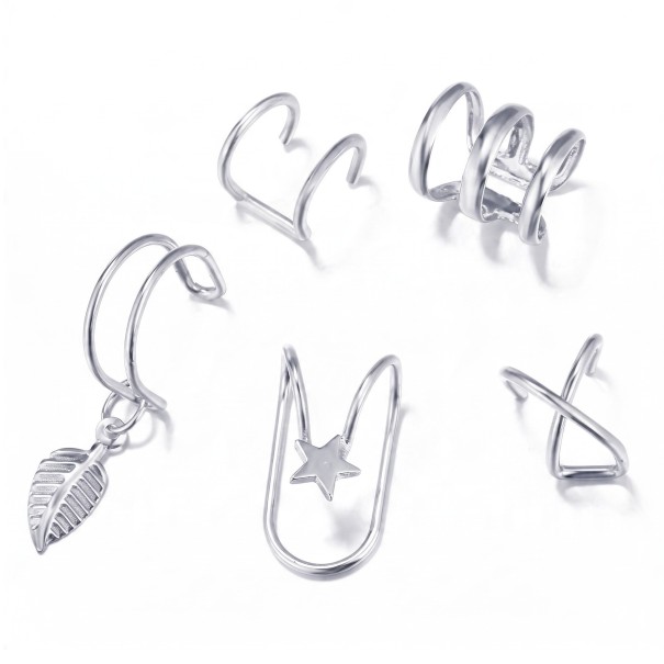 Juego de 5 pendientes sin perforación con hoja y estrella Ear cuff para cartílago de 1 a 2,8 cm Aleación de zinc Pendientes para mujeres plateado