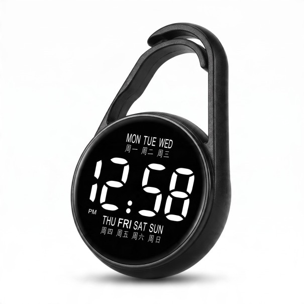 Draagbare LED-horloge met karabijnhaak Digitale verlichte display met datum en dag van de week Wijzerplaat 4 cm Kunststof behuizing Zwart Voor rugzak 1