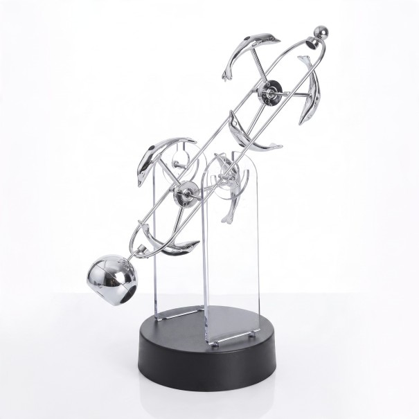 Kinetisk dekoration perpetuum mobile med delfiner 30 cm Metal balance pendul på gennemsigtig stander På AA-batterier Til kontor og hjem 1