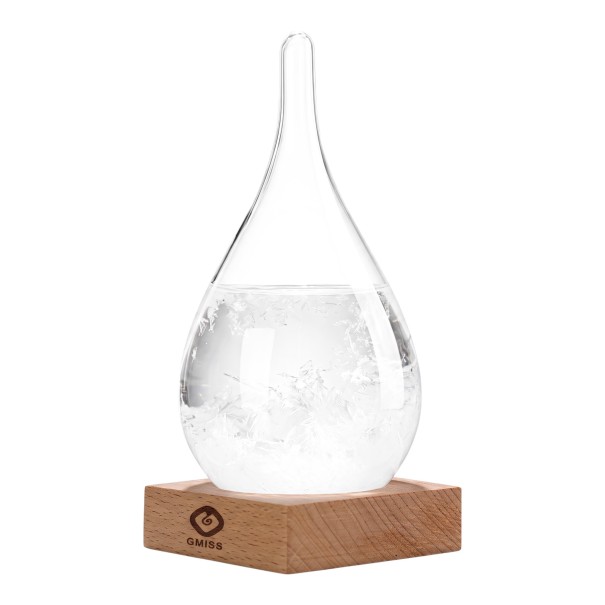 Bouřkové sklo Storm Glass Barometr ve tvaru kapky 12 x 6 cm Skleněná baňka s krystaly na dřevěném podstavci Průhledná Dekorace na stůl 1