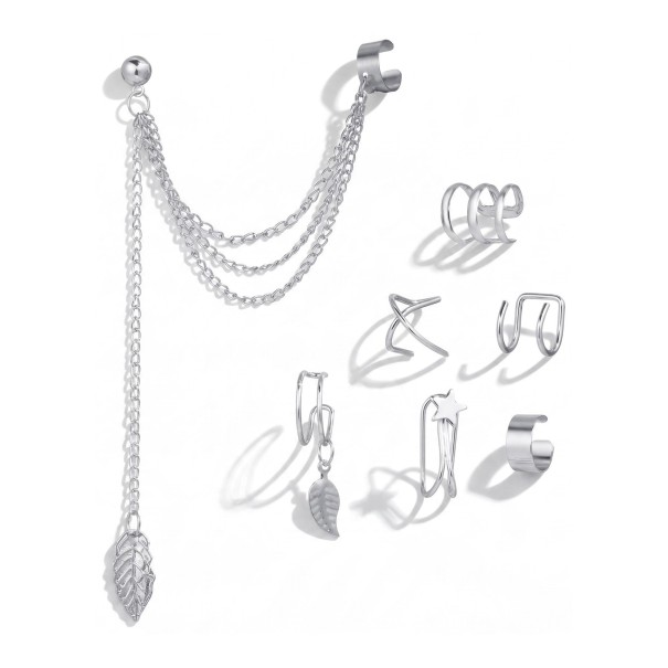 Conjunto de 7 piezas Pendientes con cadena y 6 pendientes sin perforación Ear cuff con colgante de hoja Aleación de zinc Joyería para mujeres plateado