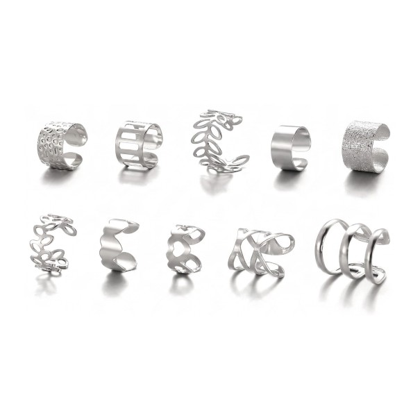 Sada 10 záušnic bez propichování Ear cuff na chrupavku Různé vzory s lístky proužky a výřezy Zinková slitina Stříbrná barva pro ženy 1