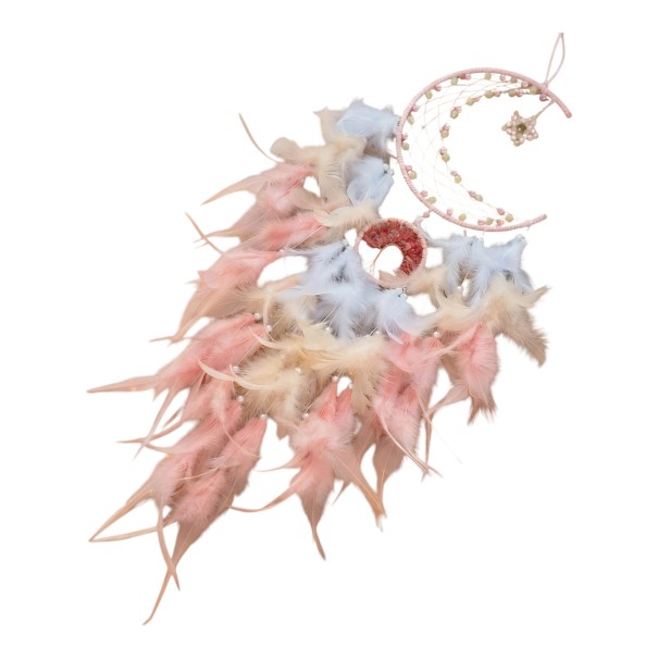 Acchiappasogni luna con stella e albero della vita Lunghezza 75 cm Luna 20 cm Piume e perline Decorazione appesa rosa per parete in camera da letto 1