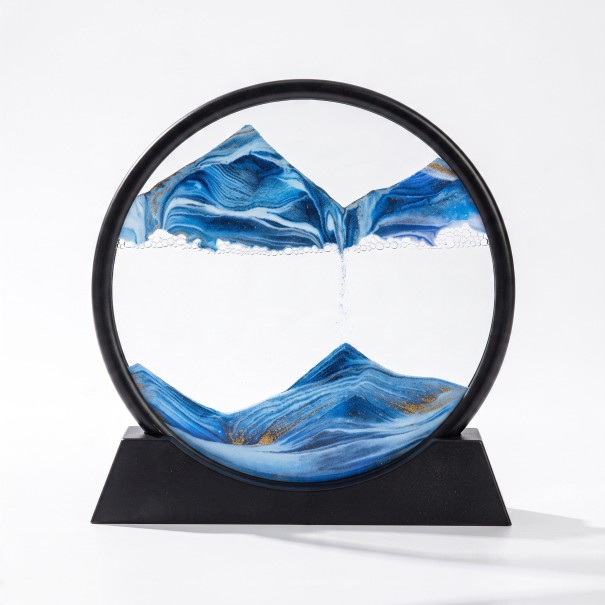 3D-Bild mit beweglichem Sand Rundes Sandpendelbild 18 x 19 cm Glas und Ständer Tischdekoration für Wohnzimmer und Büro blau