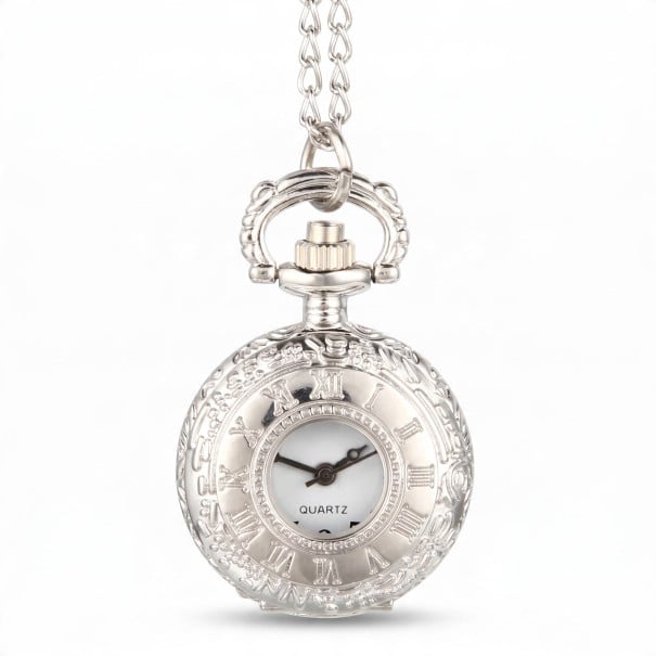 Mini Taschenuhr mit Deckel und Fenster 2,4 cm Quarz Römische Ziffern Kette 78 cm Vintage Stil Unisex silbern