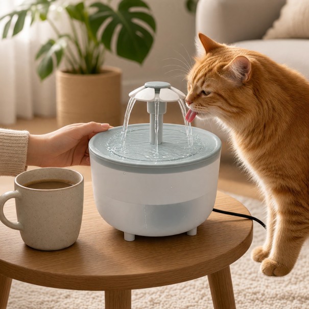 Fontana per gatti 1,2 l con beccuccio a forma di fiore Pompa con spina EU 230 V Filtro e ricircolo dell'acqua Distributore verde