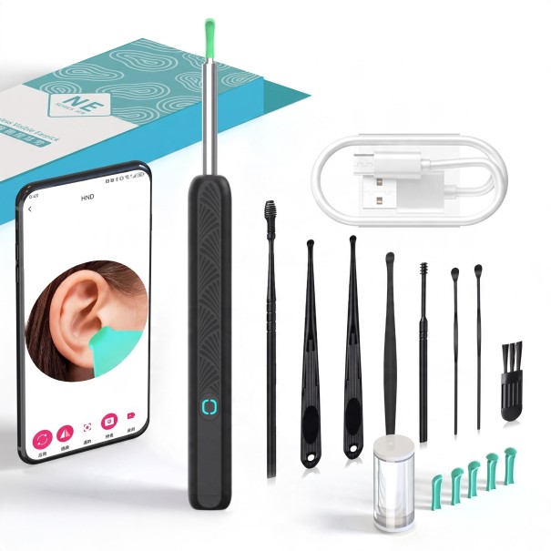 Conjunto de limpeza de ouvidos com câmara NE3-D e 8 ferramentas WiFi Endoscópio Auricular Full HD Luz LED Pontas de Silicone Estojo preto