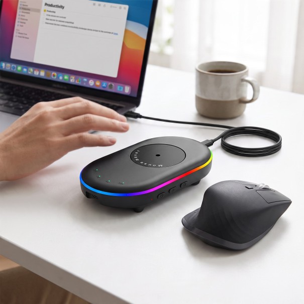 Simulador de movimento do rato Mouse Jiggler com temporizador de 0,5 a 4 h e retroiluminação RGB USB-C contra suspensão e bloqueio do computador preto