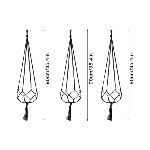 Suporte suspenso para vaso de flores macramé 3 pcs Comprimento 90 cm Cordão trançado à mão com argola de metal Suspensão boho preto