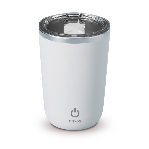 Genopladeligt automatisk blandekrus 350 ml med magnetisk blanding og skydelåg til kaffe, kakao og proteinshakes hvid
