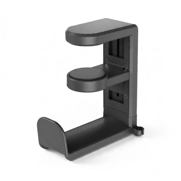 Otočný držák na sluchátka pod stůl Pružinová svěrka bez vrtání Háček 360° Klip na kabel Nosnost 1 kg Pro herní headset černá