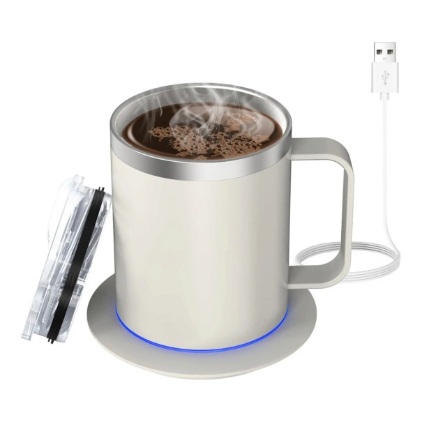 Vyhřívaný hrnek 350 ml s USB podložkou Dvoustěnná nerezová ocel 304 Udržování teploty 55–65 °C Víčko Káva Čaj Kancelář béžová