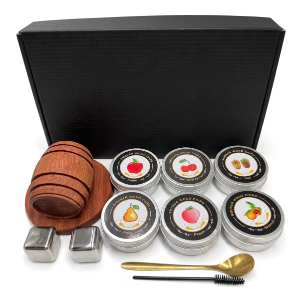 Ensemble de fumage pour cocktails et whisky Fût en bois 10,67 cm 6 boîtes de copeaux 2 cubes de refroidissement en métal Cuillère Brosse et boîte 1