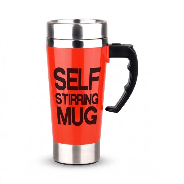 Self-Mixing Mug 450 ml with Lid and Button on the Handle for Automatic Battery Mixing for Coffee, Cocoa and Dairy Drinks red