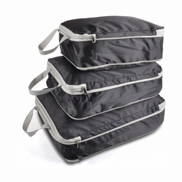 Conjunto de 3 organizadores de compressão para mala 30 x 20 cm 35 x 25 cm e 40 x 30 cm Cubos de nylon com pega para viajar preto