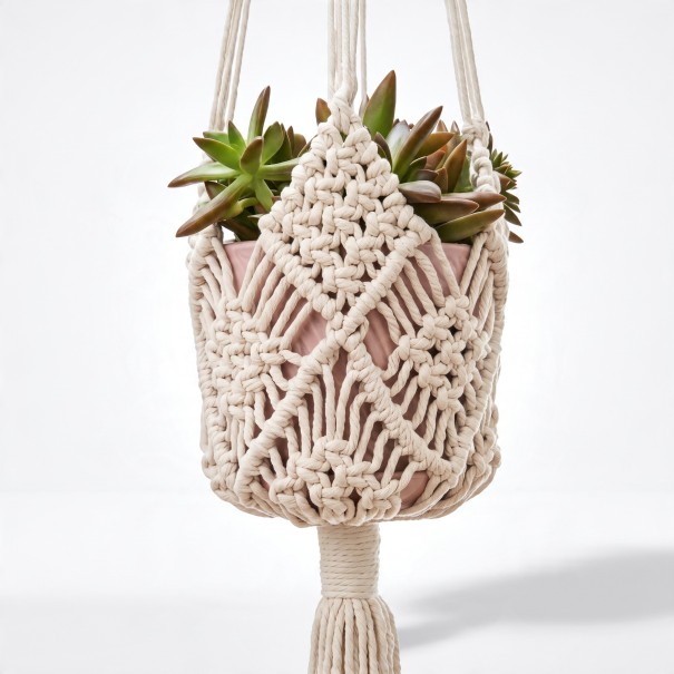 Macramé ophæng til blomsterkrukker med flettet lomme Længde 89 cm Til blomsterkrukker med en diameter på op til 20 cm Bomuldsreb Boho dekoration hvid