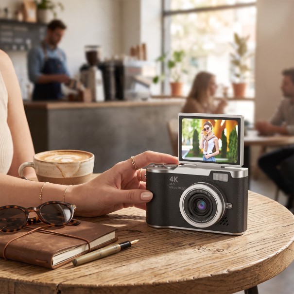 Digitální fotoaparát 4K s výklopným 2,4″ displejem o 180° a 32GB kartou Blesk Stabilizace obrazu Pro děti i dospělé černá