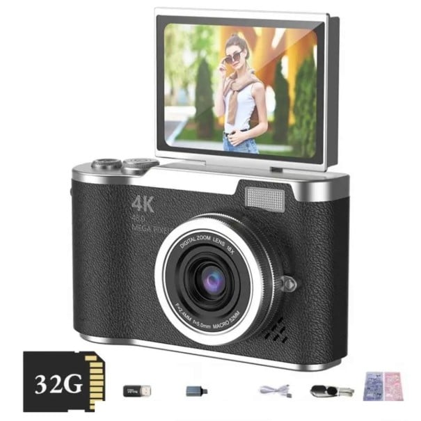 Digitalkamera 4K med vipbar 2,4″ skærm 180° og 32GB kort Blitz Billedstabilisering Til børn og voksne sort