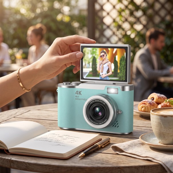 Digitální fotoaparát 4K s výklopným 2,4″ displejem o 180° Blesk Stabilizace obrazu Bez paměťové karty Pro děti i dospělé zelená