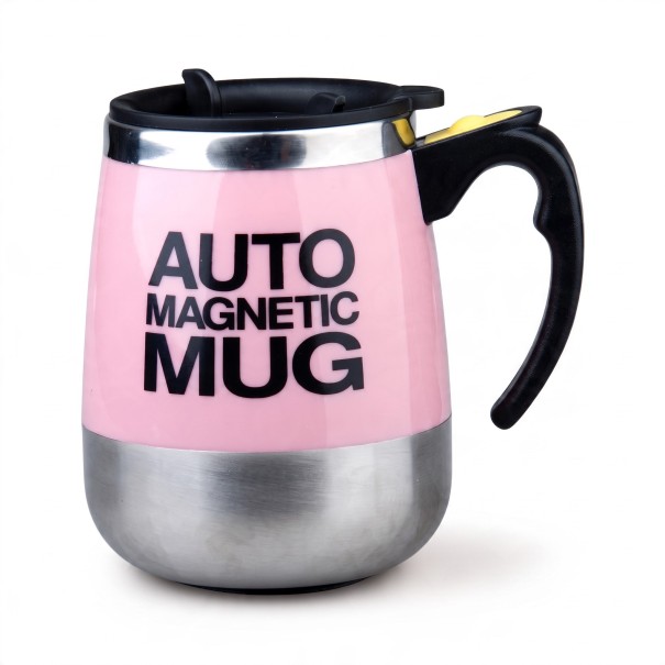 Magnetic Self-Stirring Mug 400 ml with Lid and Button on the Handle Battery Operated with Removable Stirrer for Coffee and Milk pink