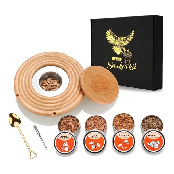 Ensemble pour aromatiser les cocktails avec fumée Fumeur en bois 9,9 cm avec filtre en métal et couvercle 4 boîtes de copeaux Cuillère Beige