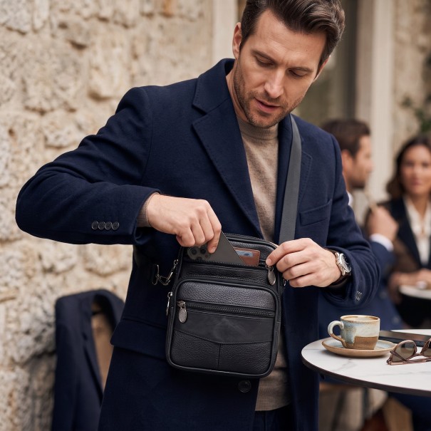 Herre læder skuldertaske 15 x 18 x 6 cm Ægte okse læder Crossbody taske til mobil og dokumenter Til hverdag sort