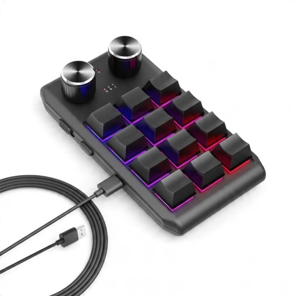 Programovatelná makro klávesnice 12 kláves a 2 otočné knoflíky Bluetooth i USB-C Mechanické spínače RGB podsvícení Černá pro hry 1