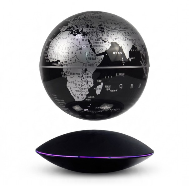 Globe lévitant 14 cm noir avec carte du monde argentée Lévitation magnétique Socle en forme de UFO avec lumière LED Décoration de table 1