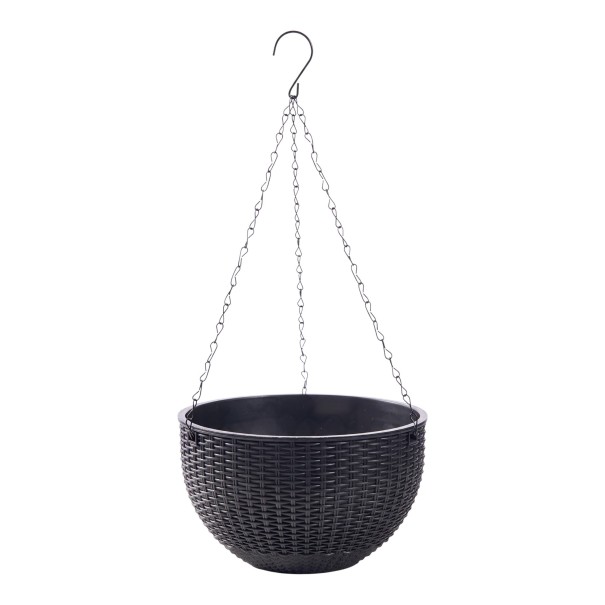 Fleuriste suspendu auto-arrosant 26 cm en plastique au look de rotin avec un insert intérieur et des chaînes pour balcon et terrasse noir