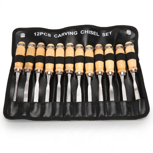 Set of 12 Carving Chisels with Rolling Pouch Length 20.3 cm Blades 10 to 14 mm Made of Carbon Steel Wooden Handles For Carvers and DIY Enthusiasts 1