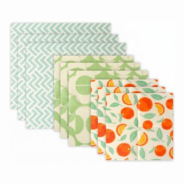 Essuie-tout en cire alimentaire 9 pièces en 3 tailles 18 x 20 cm 25 x 25 cm et 30 x 35 cm Coton et cire d'abeille Motifs verts et oranges 1
