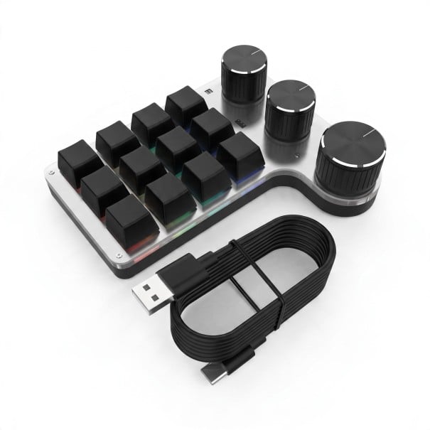 Programovatelná makro klávesnice 12 kláves a 3 knoflíky Bluetooth i USB-C Hot swap spínače Red RGB podsvícení Pro střih černá