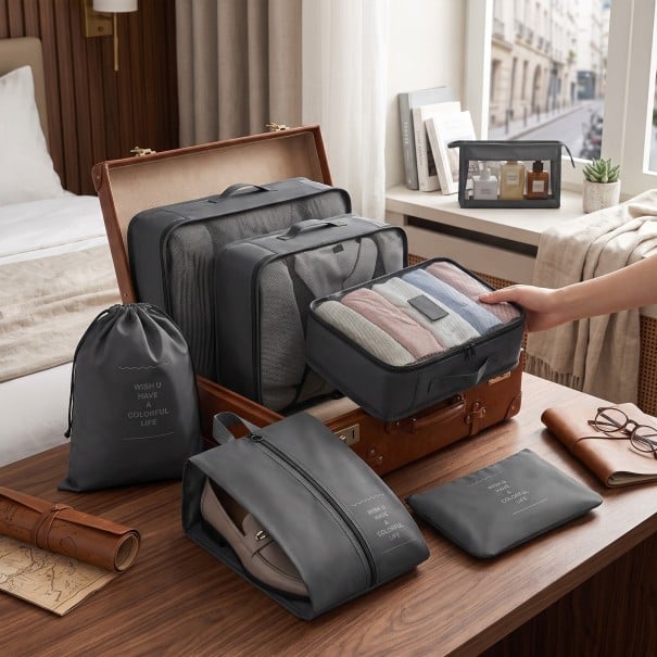 Conjunto de 8 organizadores de viagem para mala Embalagens para roupa até 40 x 30 cm Saco para sapatos Necessaire e saco preto