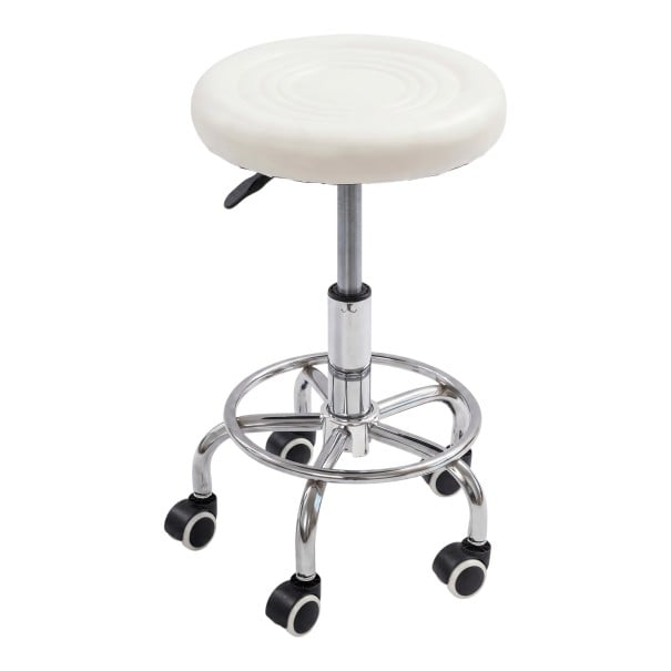 Rund stol med hjul Justerbar højde 45-57 cm Sæde 33 cm Med fodstøtte Karbonstål PVC og skum Arbejdsstol Hvid 1
