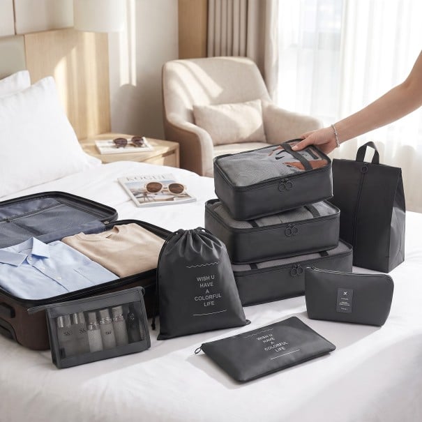 Conjunto de 9 organizadores de viagem para mala Embalagens para roupa até 40 x 30 cm Saco para sapatos Necessaire e estojo preto